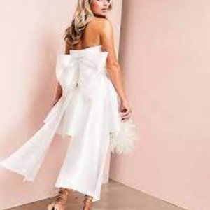 ASOS LUXE Wedding corsetted bandeau bowback satin mini dress in white